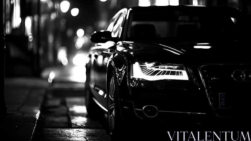 Nocturnal urban sedan with LED optics in high-contrast bokeh.