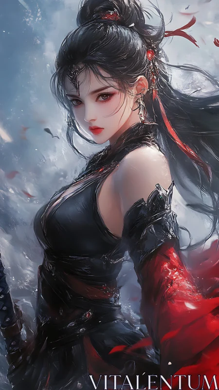 Crimson eyed warrior woman in stormlit fantasy armor.