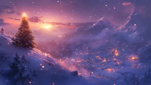 Snowy alpine village glows under luminous winter sunset.