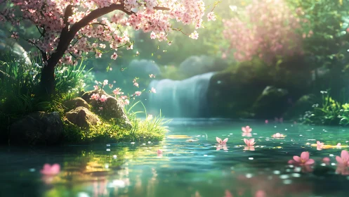 Luminescent cherry grove by misted waterfall basin panorama.