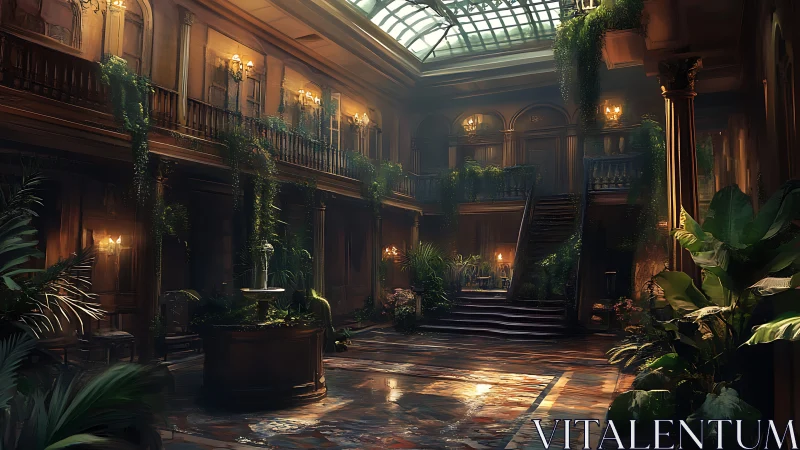 Sunlit vines reclaim a forgotten glass-roofed manor hall