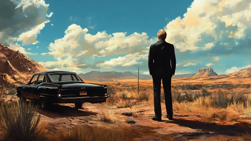 Solitary suited figure surveys cinematic desert landscape at dusk