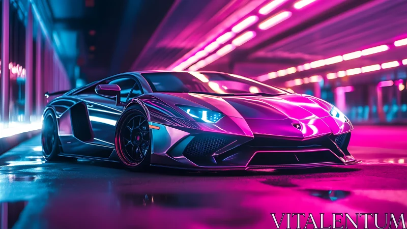Neon-lit low-angle hypercar portrait in reflective tunnel environment