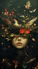 Human face merged with birds, foliage, and floating leaves.