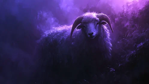 Mystic horned ram emerging through violet twilight mist.
