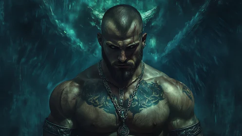 Brooding winged warrior forged in stormlit shadows.