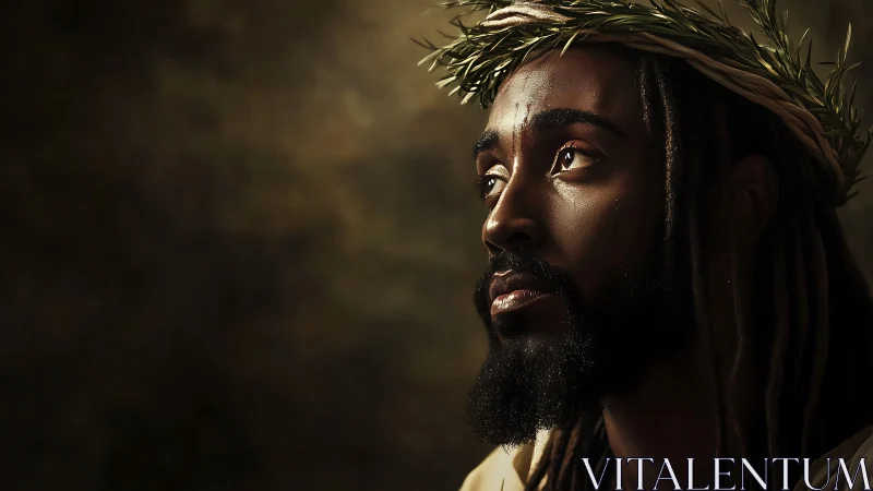 Dramatic low-key portrait with crown of thorns and rim light.