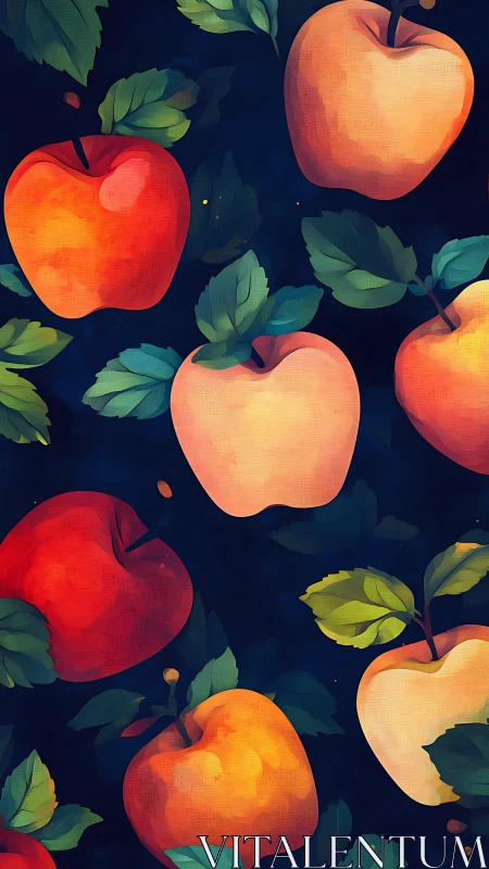 Sunlit apples drifting on a dreamy midnight orchard sky.