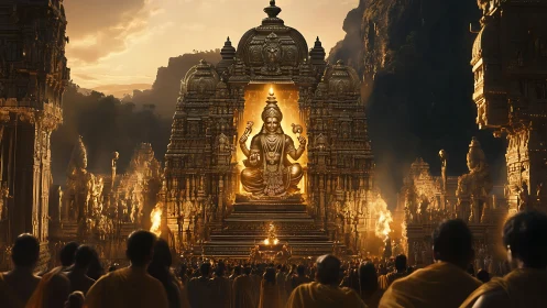 Sunlit deity towers ignite a golden temple in gathered dusk