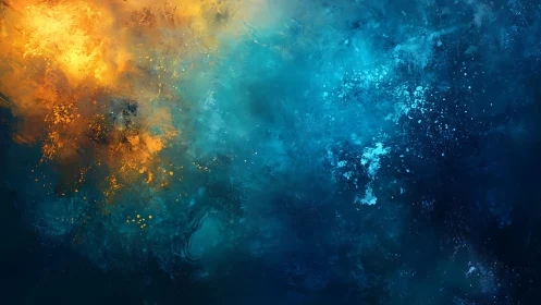 Abstract fiery orange and cool blue cosmic swirl digital painting.