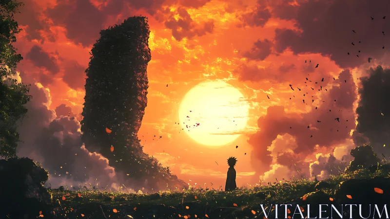 Backlit silhouette before monolithic skybound tower at sunset.