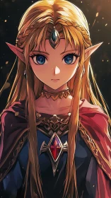 Elf princess with bright gemstone heart and steady gaze.