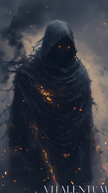 Hooded ember wraith strides through ashen stormscape.