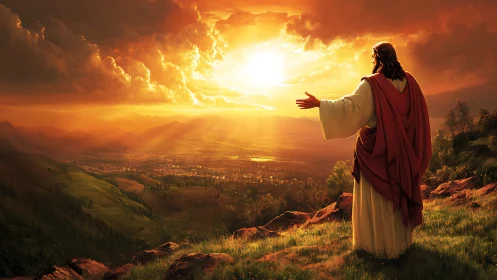 Robe-clad figure blesses sunlit valley under blazing sky