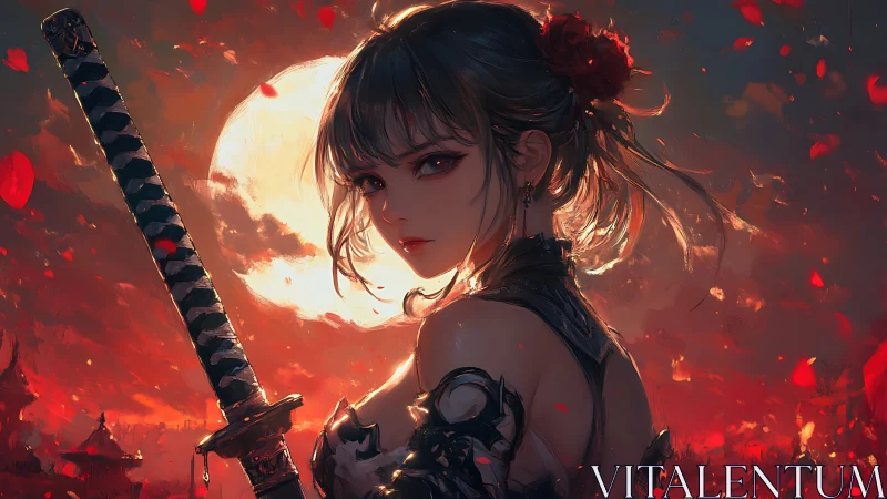 Backlit katana wielder against oversized moon in ember-filled dusk