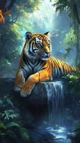 Tiger rests on mossy ledge above narrow forest waterfall