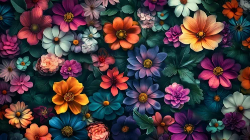 Layered floral composition with dark background and varied color palette