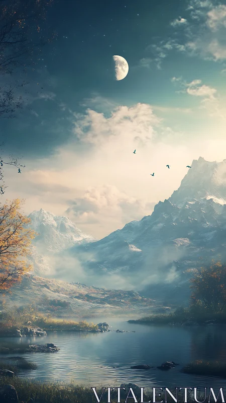 Moonlit mountainous valley with river rendered in soft light