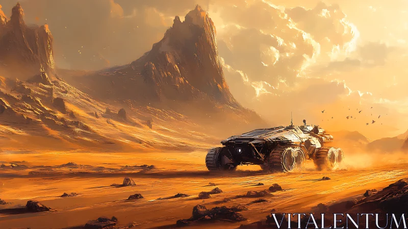 Futuristic rover crossing blazing alien desert canyon.