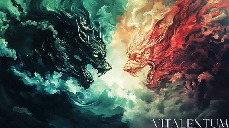 Elemental dragon spirits collide in a storm of fire and mist