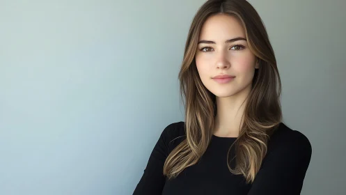 Confident young woman with natural makeup in minimalist portrait.