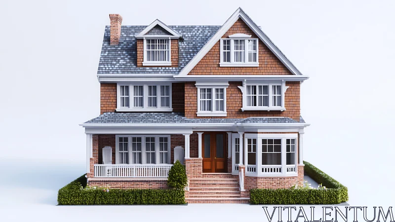 Sunlit shingle manor stands crisp against a cloudless hush.