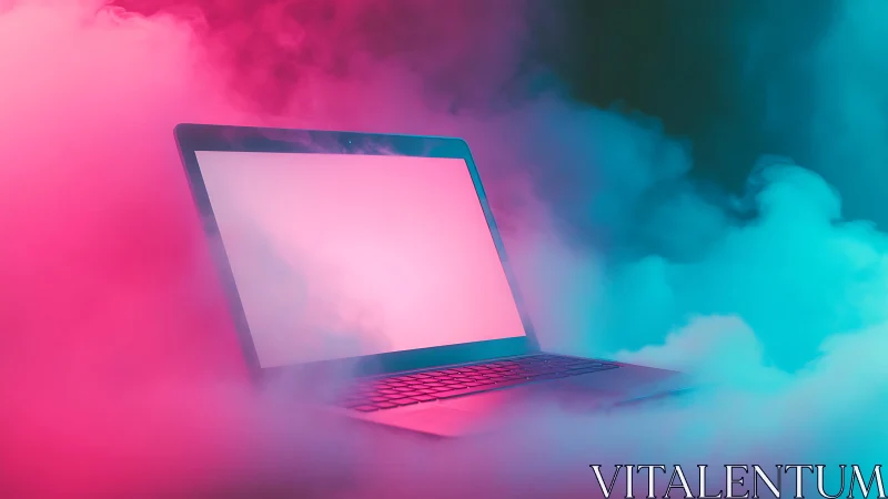 Open laptop glows through neon pink and cyan atmospheric haze