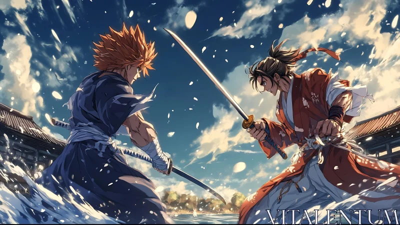 Samurai water clash carves bright streaks across the sky