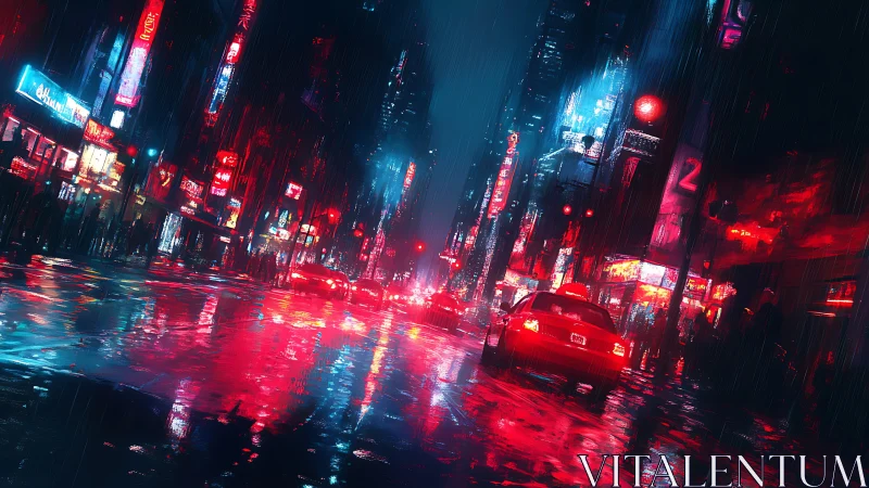 Neon drenched rainy boulevard with reflective wet asphalt grid.