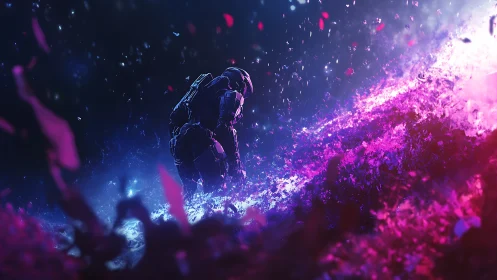 Solitary armored figure in luminous pink and blue field.