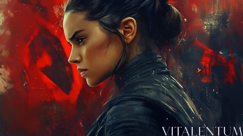 Profile study of focused warrior amid turbulent red field.