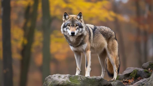 Wolf stands on mossy rocks in forest with autumn foliage