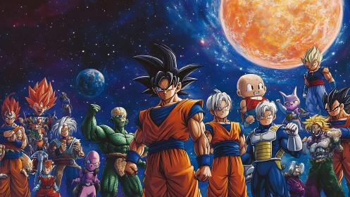 Dragon Ball Z heroes and villains under cosmic sky.