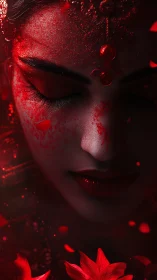 Divine red portrait evokes serene power and mystical grace.