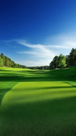 Sunlit golf fairway stretching under deep cobalt sky.