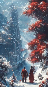 Travelers survey snowbound citadel beneath crimson trees.