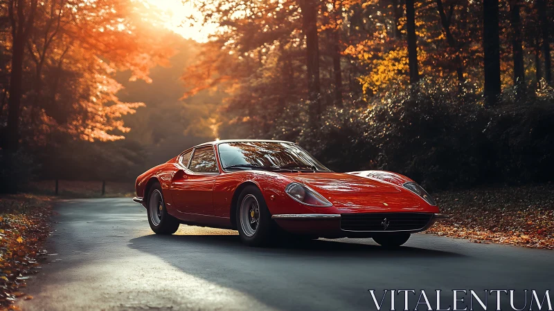 Scarlet classic slices through amber forest light at dusk