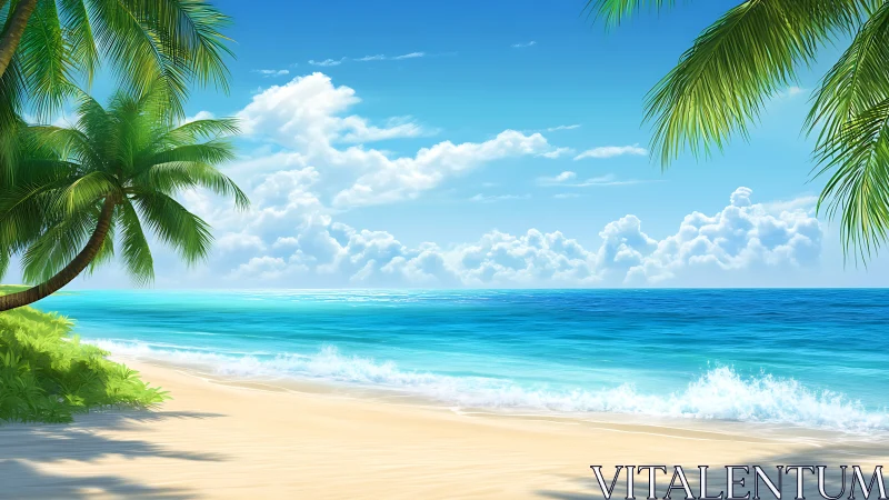 Tropical Paradise Beach with Palm Trees and Turquoise Ocean Waves.