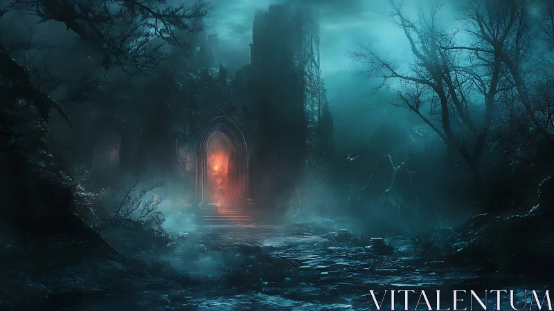 Midnight path to a glowing, otherworldly ruin gateway.