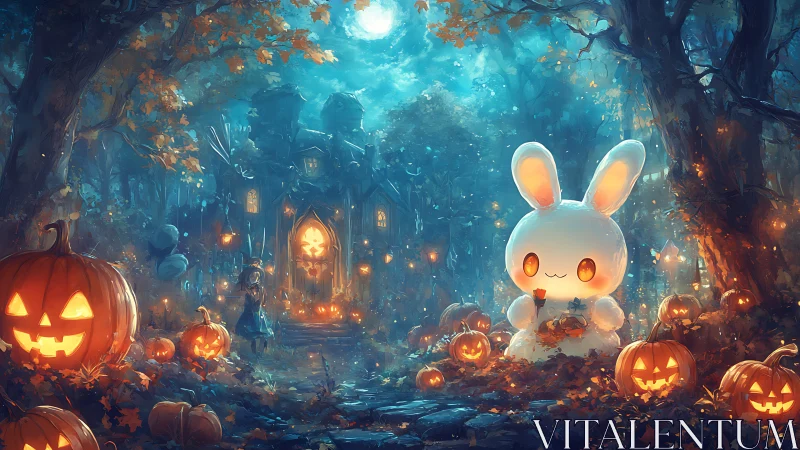 Cute ghost rabbit guards glowing pumpkins in haunted forest