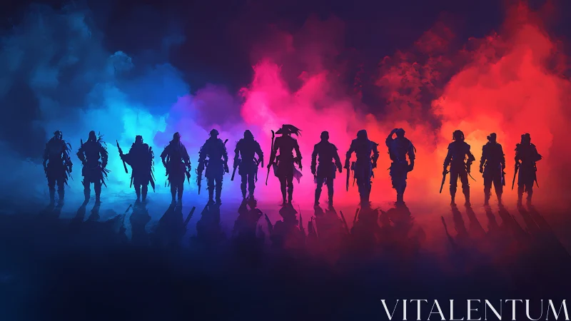 Silhouetted warrior squad in neon triadic battlefield haze.