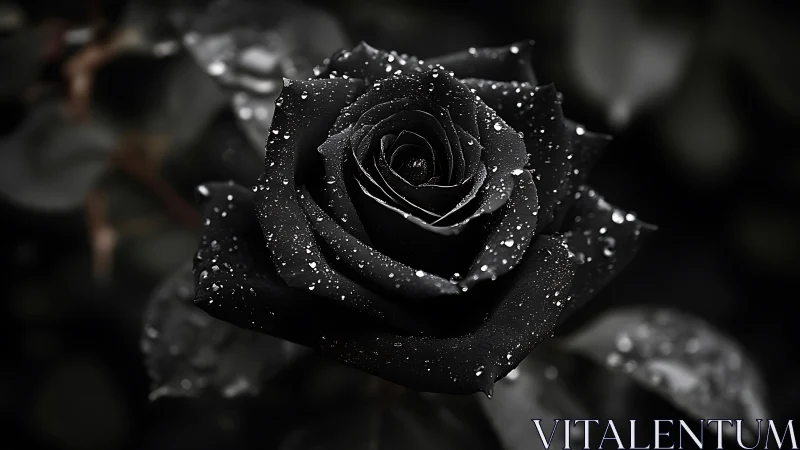 Midnight black rose cradling silver raindrops in velvet hush.