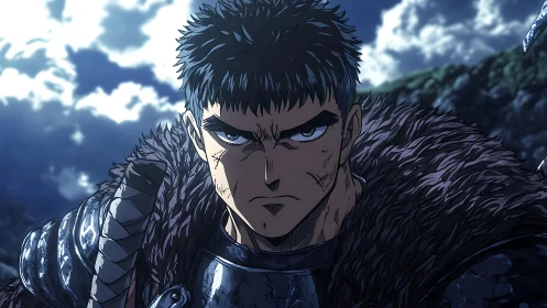 Battle-hardened swordsman in fur mantle under stormlit sky