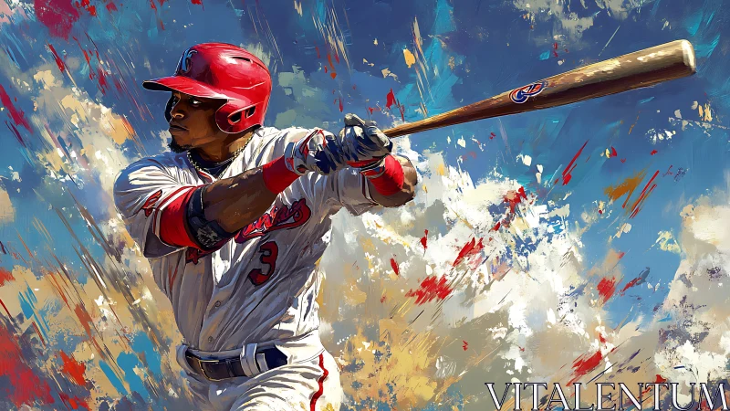 Baseball hitter in dynamic swing with abstract paint sky