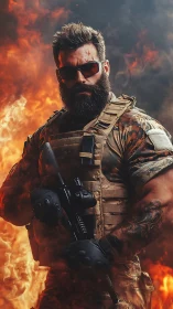 Heavily armed tactical operator amid intense fire vortex