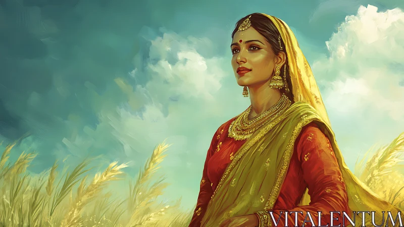 Elegant Indian Woman in Traditional Attire, Digital Art Portrait.