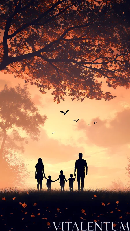Golden evening walk with a silhouetted family beneath trees.