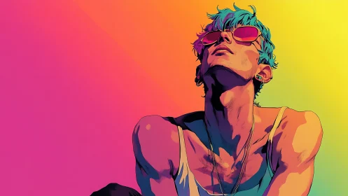 Neon gradient portrait of stylized youth in sunglasses, upward gaze
