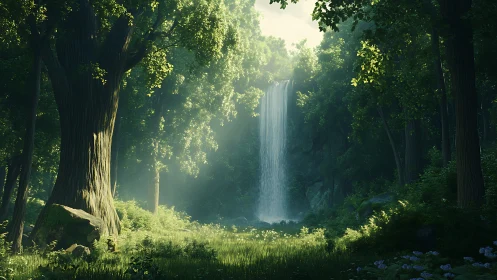 Cascading Waterfall Through Dense Arboreal Canopy With Radiant Light Diffusion.