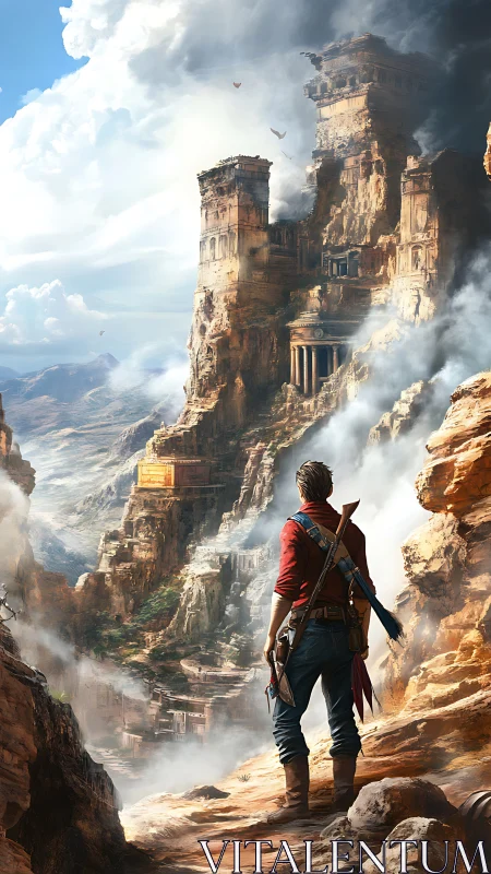 Lone explorer confronts sky-piercing cliff city of legends.